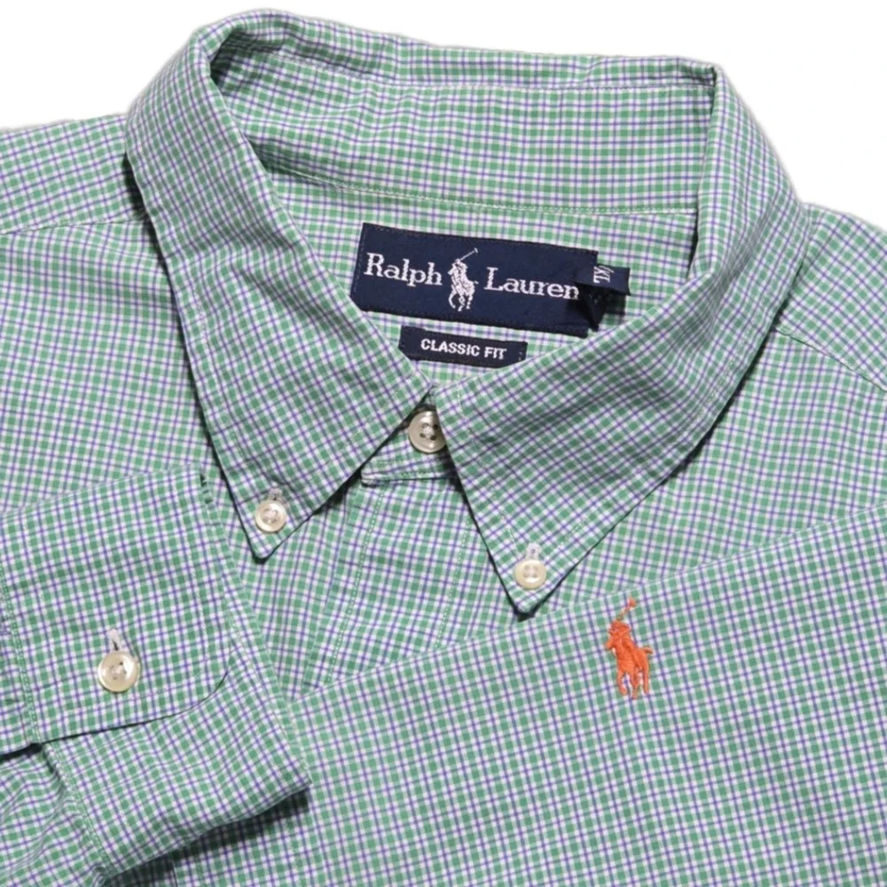 VTG Ralph Lauren Button Down Shirt Mens XL Green Check Classic Fit Orange Pony